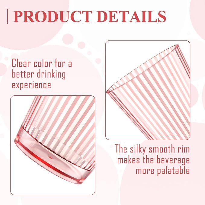 24 PCS Plastic Ribbed Drinking Glasses Pink 10oz Vintage Ripple Stemless Wine - Image 3