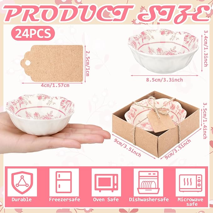 24 Pcs Wedding Favors for Guests Small Ceramic Bowl Bulk Gifts Set 3.3 Inch Floral Design Mini Dipping Sauce Dish with Card Box for Bridal Pooja Baby Shower Birthday Guest Gift (Pink)