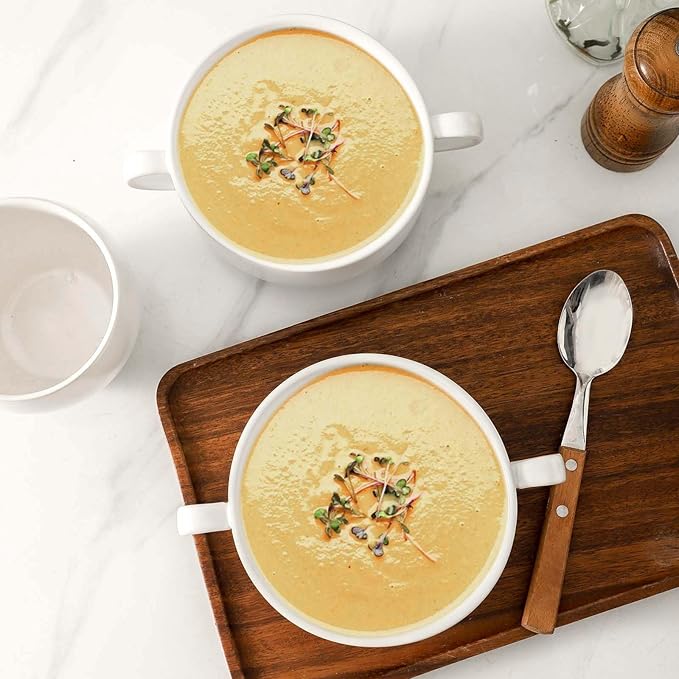 Soup Bowls, 22 oz French Onion Soup Bowls with Handles, Stackable Ceramic Bowls Set of 4, Dinner Bowls for Chili, Beef Stew, Soup, Cereal, Oven Microwave Dishwasher Safe, Matte White
