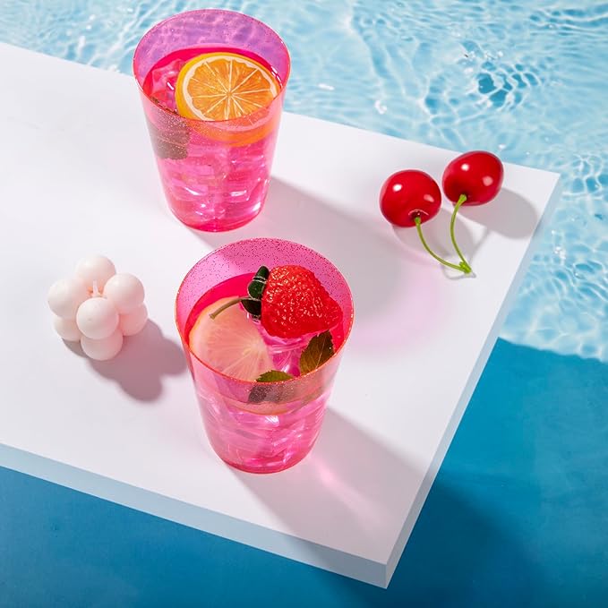 DaYammi 100 Pack Pink Plastic Cups 10Oz Clear Pink Disposable Party Cups for Martini and Cocktail,Fancy Disposable Cup for Wedding,Pink Party Cups Perfect for Valentine's Day Mother's Day Party