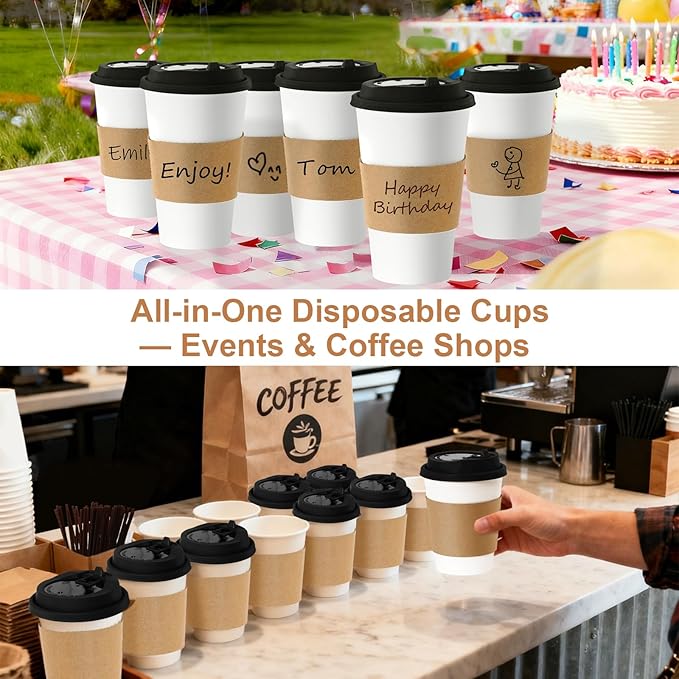 12 oz 500 Pack Coffee Cups with Lids and Sleeves, Straws, Hot Disposable To Go Travel Paper Cups Bulk for Office, Home Coffee Bar Accessories, Chocolate, Cocoa, Beverage (White)