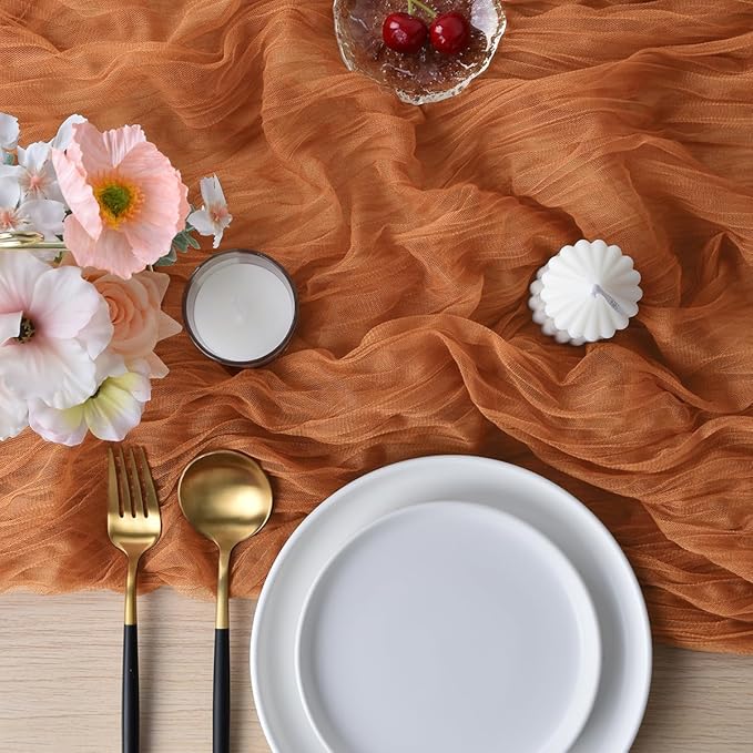 Joanlody Terracotta Cheesecloth Table Runner Spring Easter 10Ft Rustic Gauze Boho Cheese Cloth Table Runner for Wedding Bridal Baby Shower Decoration