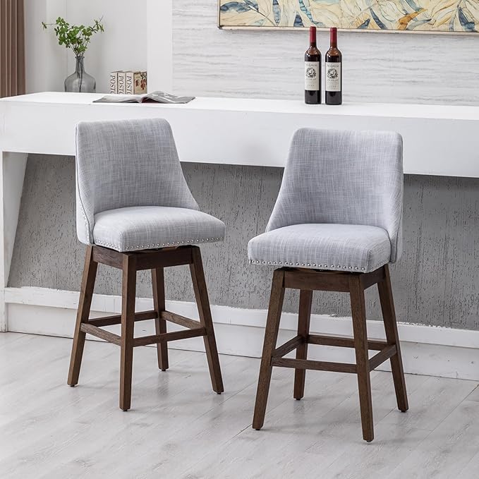 27.5" Counter Height Bar Stools Set of 2, Linen Fabric Mid Century Modern Swivel Barstool with Back & Wood Legs Comfy Upholstered Counter Chairs for Home Bar/Dining Room/Restaurant, Grey
