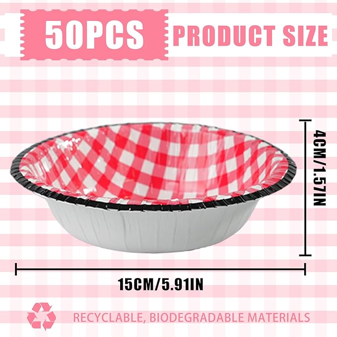 50 Pcs Small Paper Bowls 8 oz Red Gingham Bowls Disposable Microwave and Freezer Safe Checkered Bowl for Ice Cream, Snack, Salad, Buffalo Plaid Birthday Party Supplies (Red)