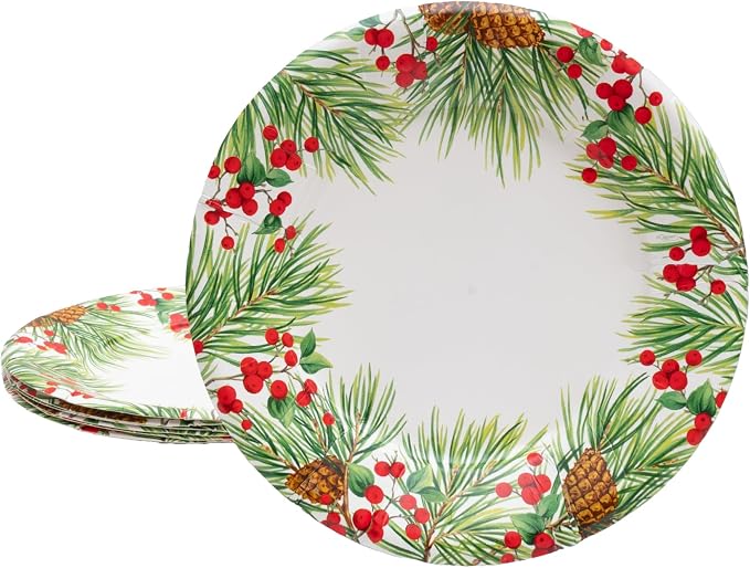 Caspari Evergreen And Berries White Paper Salad & Dessert Plates - Image 3