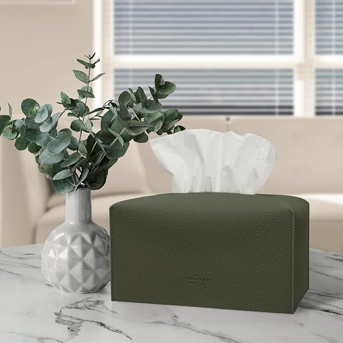 Carrotez Tissue Box Cover, [Refined] Modern PU Leather Rectangular Tissue Box Holder - Decorative Holder/Organizer for Bathroom Vanity Countertop, Night Stands, Office Desk 9.5"X5"X5" - Khaki