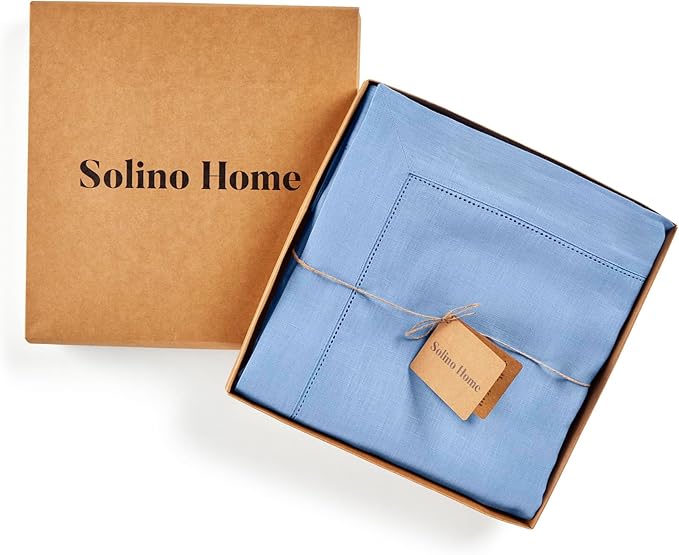 Solino Home Cornflower Blue Linen Tablecloth 60 x 132 Inch - 100% Pure Linen Hemstitch Table Cloth for Rectangle Tables - Classic Hemstitch, Machine Washable Tablecloth for Winter, Spring, Easter