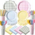 450 Pcs Gingham Tableware Set Decorations, Serves 50 | Pastel Plaid Paper by Unknown