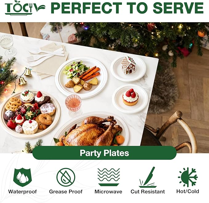Compostable Paper Plates 250 Count 9in & 6in Disposable Dinner Dessert Salad Plates Heavy Duty Party Supplies for Birthday Holiday White