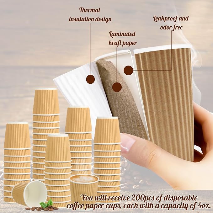200 Pcs 4oz Paper Espresso Cups Ripple Wall Hot Cups - Image 7