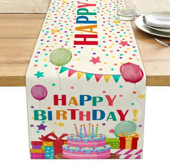 Happy Birthday Colorful Balloons Stars Table Runner, Birthday Decorations | by Unknown