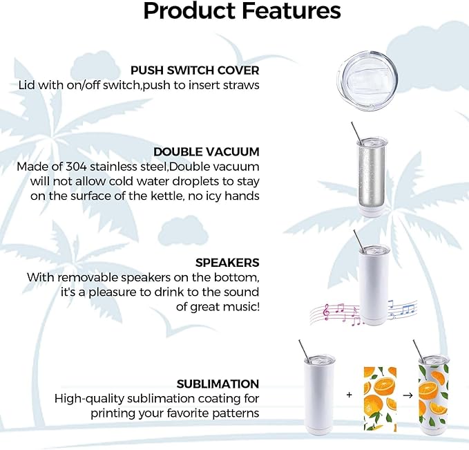 20oz white Music Speaker Sublimation Blank Tumbler,1 Pack Straight with Straw and Lid,Speaker Tumbler Cup with Detachable for Valentine's,Father's Day,Mother's Day,Birthday Gift