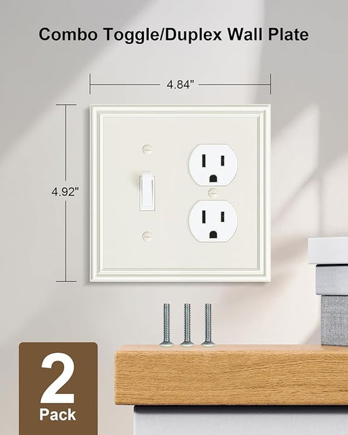 2-Pack Combo Toggle/Duplex Light Switch Cover Plate, Light Almond Wall Outlet Cover Plate, Decorative Wall Receptacle Cover for Electrical Outlets, Light Switch, Durable Solid Zinc Alloy