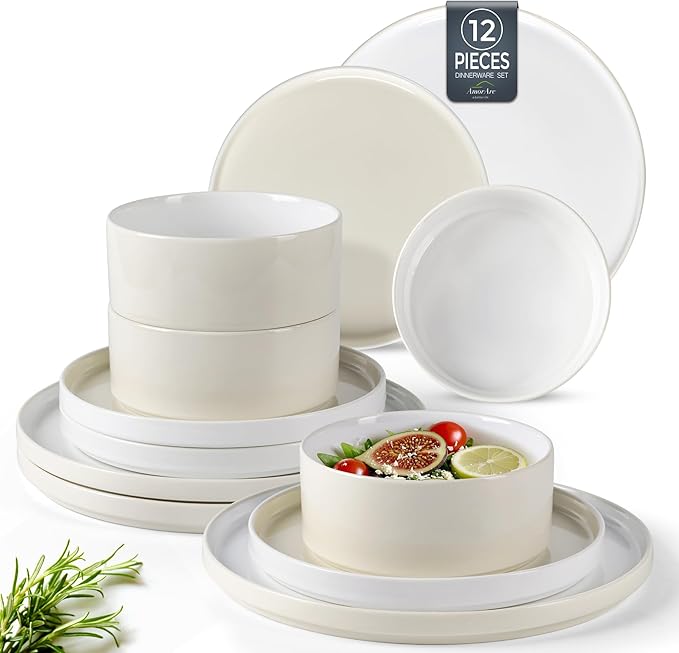 AmorArc Ceramic Dinnerware Set | Stoneware Plates and Bowls | Scratch Resistant,Dishwasher & Microwave Safe Dishes Sets-cream