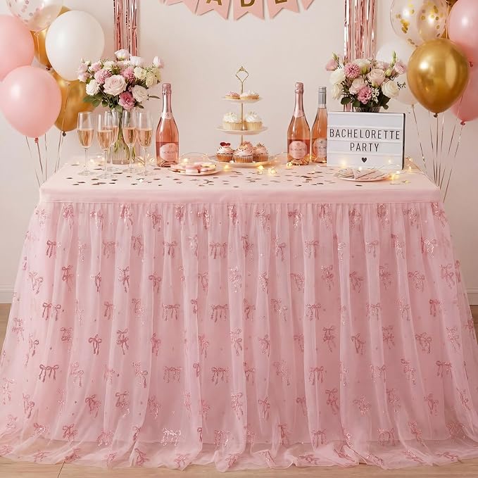 4 Pcs Pink Bow Table Runners 29 x 70 Inch Pink Tulle Lace Table Runner Coquette - Image 4