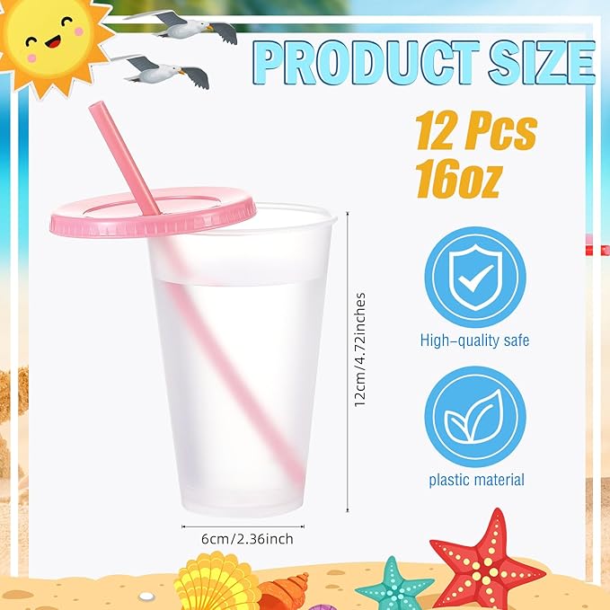Mifoci 12 Pcs Plastic Tumbler with Lids and Straws Reusable Plastic Tumblers Bulk Mug Tumbler with Straw and Lid Tumbler Ice Cold Drinking Cup for Water Smoothie Birthday Party (Pink,16oz)