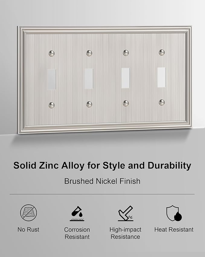 2-Pack Quad Toggle Light Switch Cover Plate, Durable Zinc Alloy Decorative Switch Plate Covers, Brushed Nickel 4 Gang Wall Plate for Toggle Light Switch and Rotary Dimmer Switch