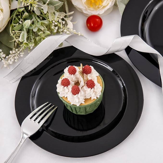 FLOWERCAT 100PCS Black Plastic Plates - Heavy Duty Black Disposable Plates for Birthday Party/Wedding/Father's Day- serve 50guests 10 inch and 7 inch Set