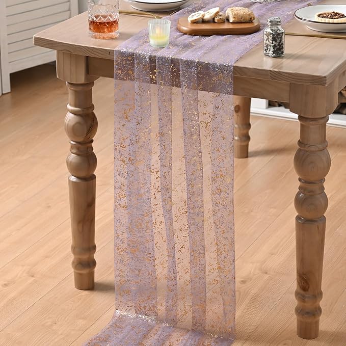 Artoid Mode Grayish Purple Gold Gauze Table Runner 120 Inch 10FT, Glitter Metallic Foil Sheer Dining Wedding Anniversary Holiday Birthday Table Decor for Home Party