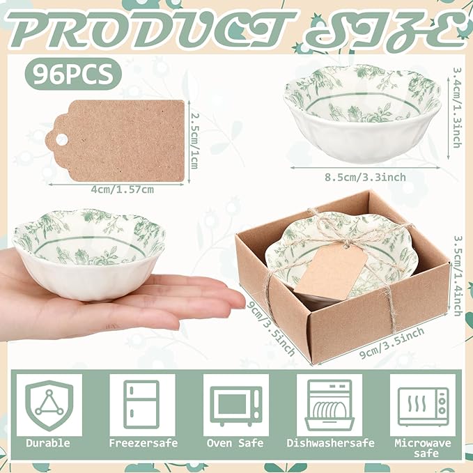 96 Pcs Wedding Favors for Guests Small Ceramic Bowl Bulk Gifts Set 3.3 Inch Floral Design Mini Dipping Sauce Dish with Card Box for Bridal Pooja Baby Shower Birthday Guest Gift (Sage Green)