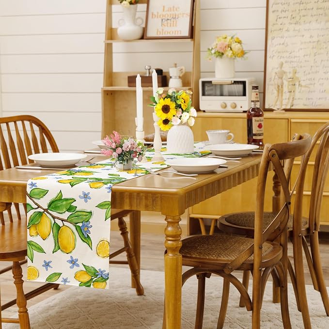 Summer Amalfi Coast Lemon Fruit Table Runner, Seasonal Green Leaves Burlap - Image 2