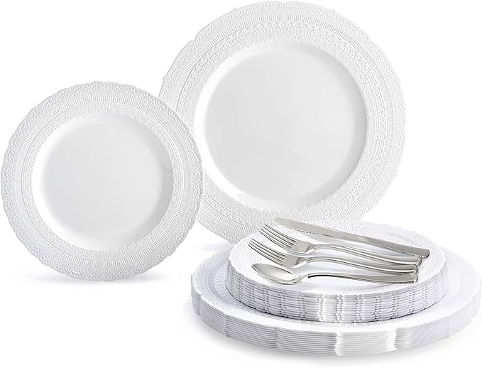 " OCCASIONS " 150pcs set (25 Guests)-Extra Heavyweight Vintage Wedding Disposable/Reusable Plastic Plates (25 x 11'' + 25 x 8.25'') +Silverware (Chateau Collection in White)