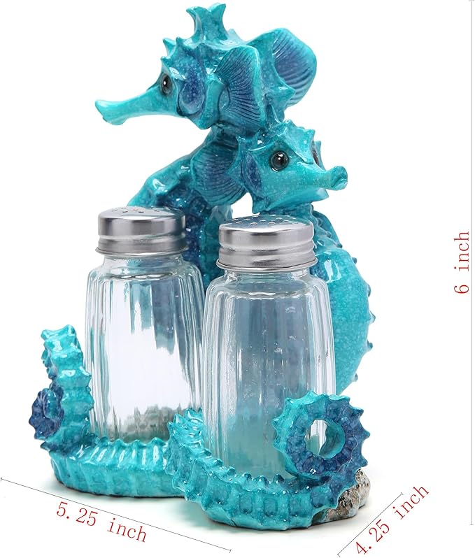 Hodao Seahorse With Salt and Pepper Shaker Figurines Decorations Set with Holder Figurine for Beach Bar or Tropical Kitchen Decor Table Decorations By Home Gifts (Seahorse-Blue)