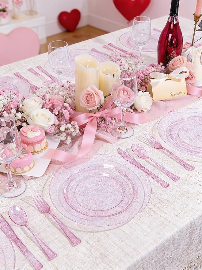 WDF 200PCS Pink Plastic Plates - Rose Gold Glitter Plastic Plates - Heavy Duty Pink Glitter Disposable Plates for Parties/Wedding/Valentine's Day