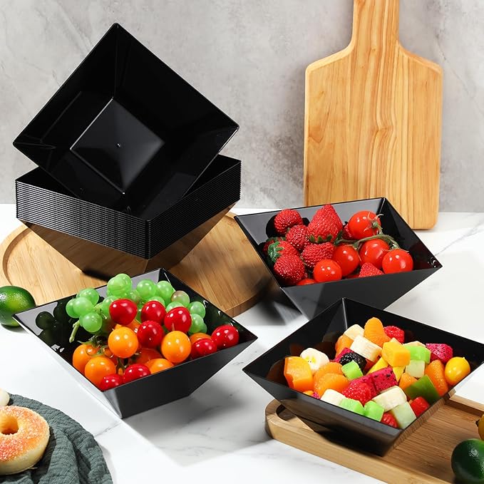 Tioncy 30 Pcs Square Plastic Serving Bowls, Medium Salad Fluted Plastic 35 oz Disposable Serving Bowls Containers for Parties, Snack, Buffet, Chips(Black,Classic)