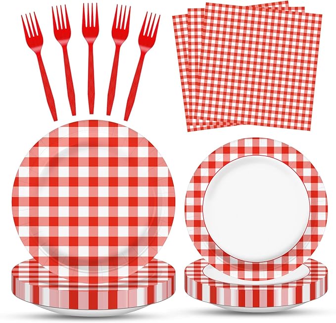 100 Pcs Red White Gingham Party Supplies Set, Serves 25 – Disposable Checkered by Merriva