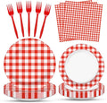 100 Pcs Red White Gingham Party Supplies Set, Serves 25 – Disposable Checkered by Merriva
