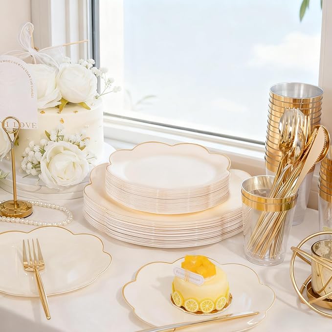 EI 180pcs Beige Plastic Plates with Gold Plastic Silverware,Heavy-Duty Disposable Plates for Party,Beige Dinnerware Set for 30 Guest Wedding,Afternoon Tea,Spring,Mother's Day,Valentine's Day,Easter