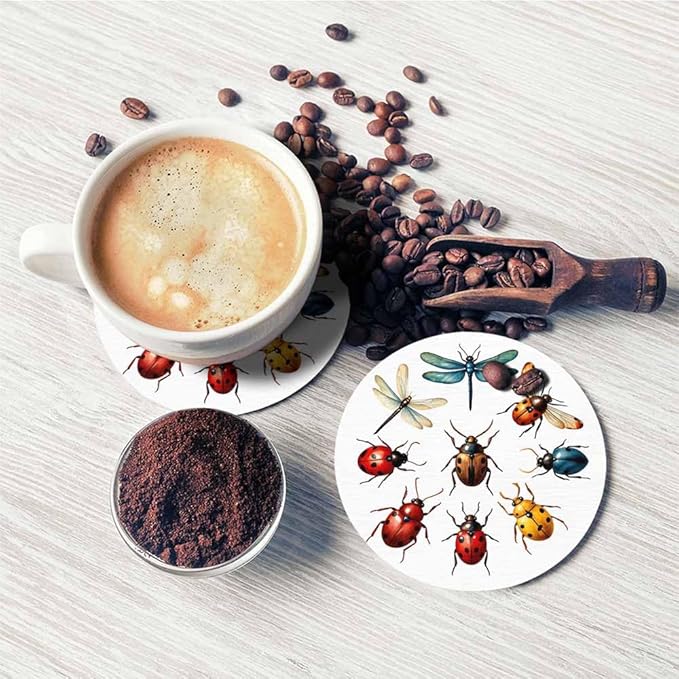 Insect Collection Coasters for Drinks Office Coffee Table Dragonfly Ladybug Wings Cartoon Wild Life Nature Colorful Animal Living Room Decor Set of 2 for Cold Drinks Wine Mugs and Cups 4 Inch