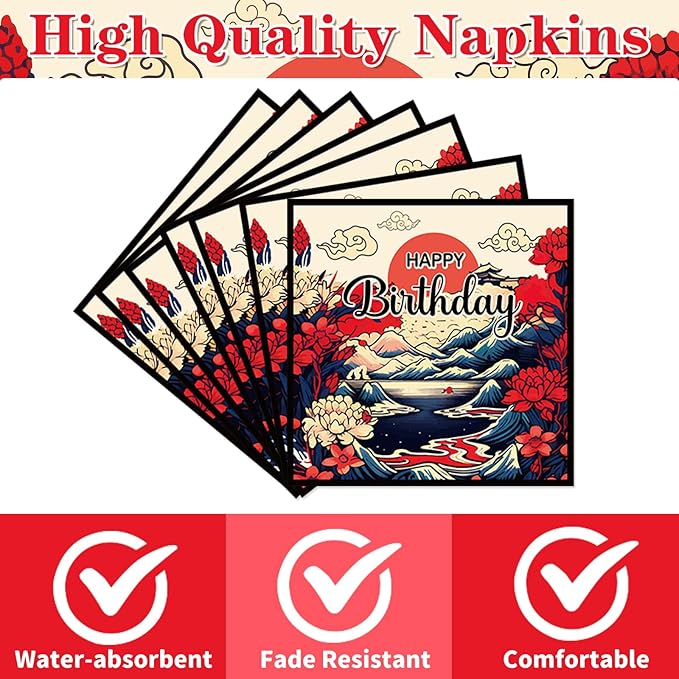 Japanese Hibachi Party Decorations, 50 Sheets Hibachi Birthday Napkins Supplies Disposable, Asian Japanese Style Paper Napkins Supplies Decor for Party (Size 6.5 Inch)