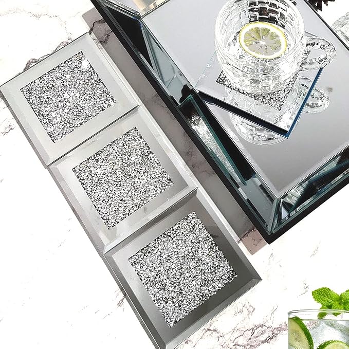 GIMORRTO Glass Mirrored Coaster 4 PC, Crushed Diamond Square Cup Mat 4" Decor - Image 3
