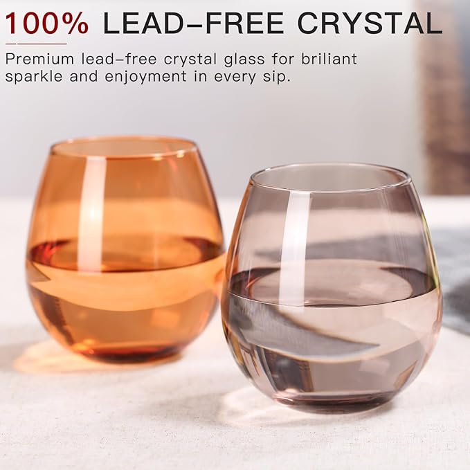 Colored Stemless Wine Glasses Set of 6-15 oz -【Hand-Blown】 Colored Drinking Glasses, European Design Crystal Glass For Red & White Wine, Unique Gifts for Wedding, Birthday(Multicolor)