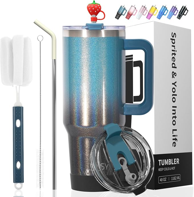 40 oz Shiny Tumbler with Handle and Straw, Stainless Steel Tumbler with Lid and by Watersy