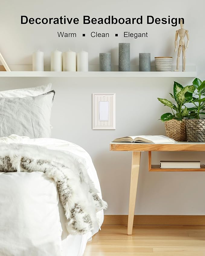 2-Pack Classic Beadboard Decorator Wall Plate Cover, Light Almond Decorative Switch Plates and Outlet Covers, Durable Natural Bamboo Fiber Wall Plates for Electrical Outlets, Receptacle, GFCI Outlet