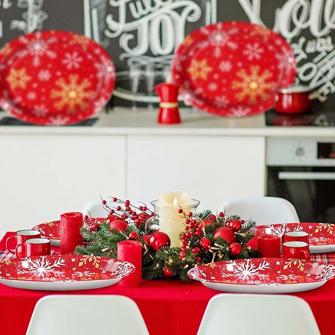 50Pcs Christmas Snowflake Oval Paper Plates 10" x 12" Large Red Gold and White Snowflake Plates Disposable Heavy Duty Christmas Party Decorations for Xmas Winter Holiday New Year Dinner Party Supplies