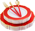 WDF 30Guest Red Plastic Plates - Gold Plastic Silverware With Red Handle - Red Plates Disposable- Baroque Plastic Dinnerware for Party Valentine's Day