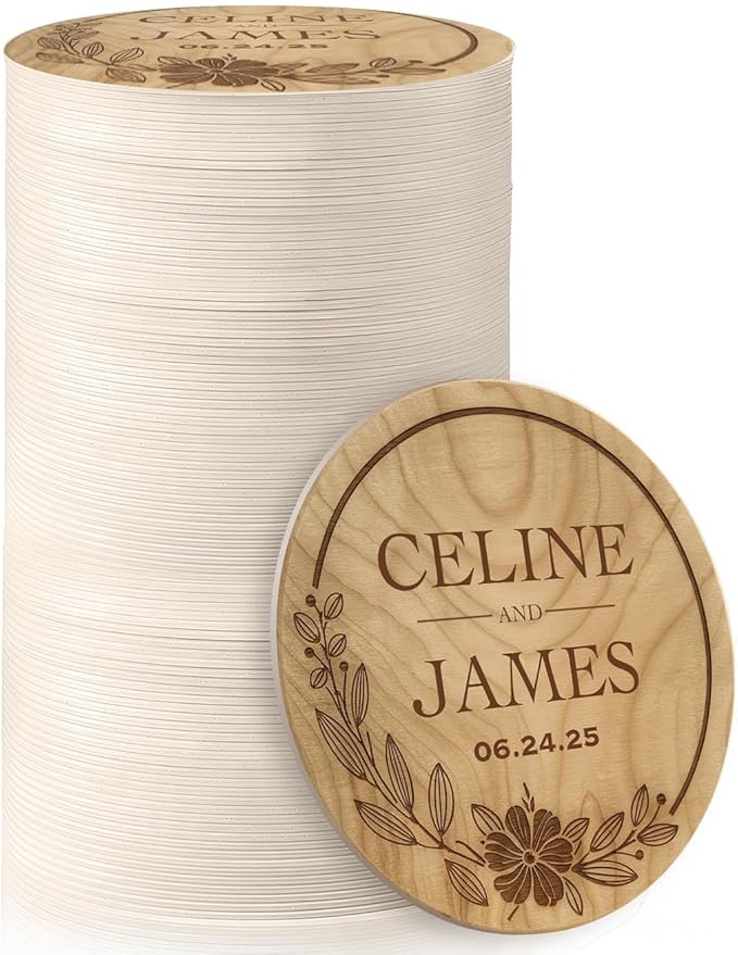 100 Pack Personalized Wedding Coasters, Custom Cardboard Coasters for Drinks with Photo Print and Text, Keepsake Wedding Favors and Gifts for Couples, 3.95" Round (Design 4)