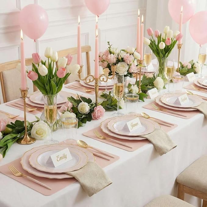 I00000 144Pcs Pink Plastic Silverware, Gold Disposable Flatware with Pink Handle, Gold Plastic Cutlery Set Includes: 48 Forks, 48 Knives and 48 Spoons Perfect for Party & Wedding