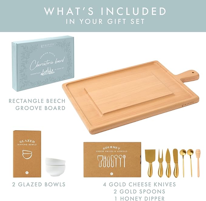 Charcuterie Board Set - Beech Wood Cheese Board for Serving with Accessories - House Warming Gifts for New Home, Bridal Shower & Wedding Gift, Birthday Gifts for Women