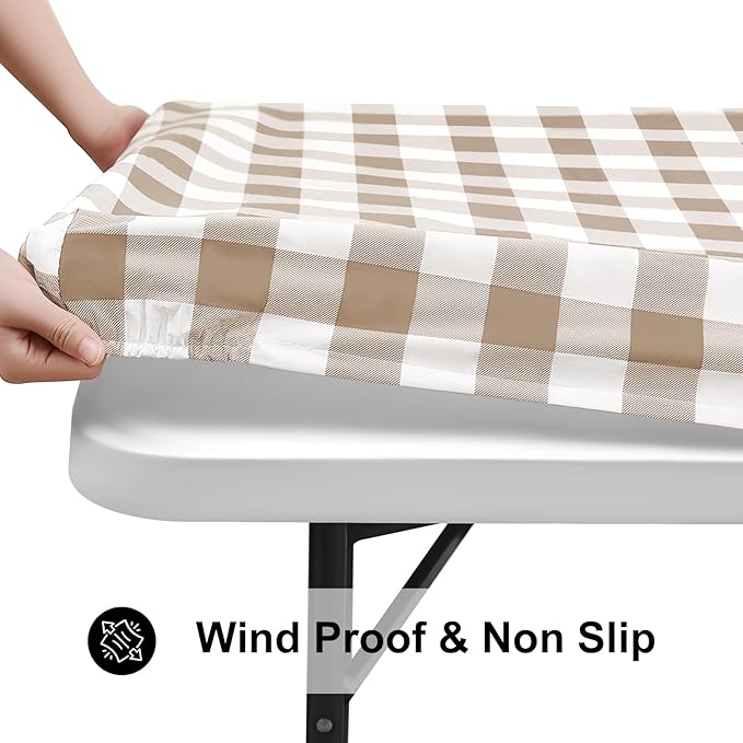 Smiry Rectangle Picnic Table Cloth, Elastic Waterproof Fitted Vinyl Tablecloths, Flannel Backed Buffalo Plaid Table Covers for Dining, Camping, Outdoor (White and Khaki, 30" x 60")