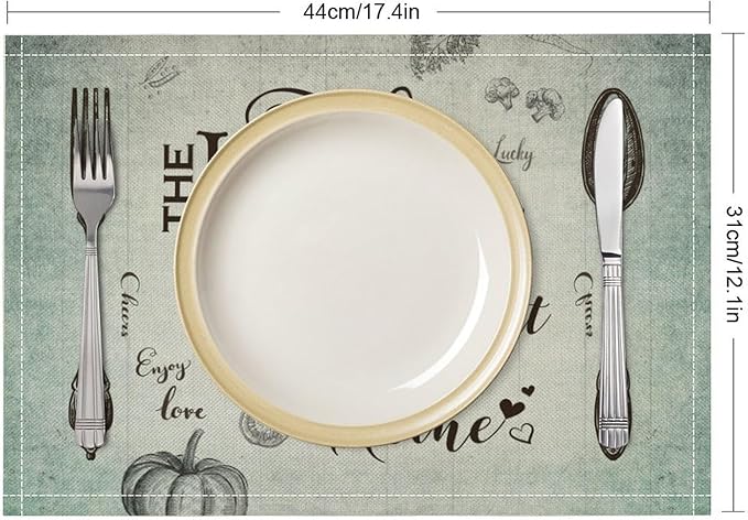 Retro Farmhouse Placemat Set, Minimal Green Gradient Rustic Plank Art Sketch Cutlery Knife Fork Inspirational Quotes Pattern Home Decor Linen Table Mats for Dining Room Kitchen Party (17x12in) x4P