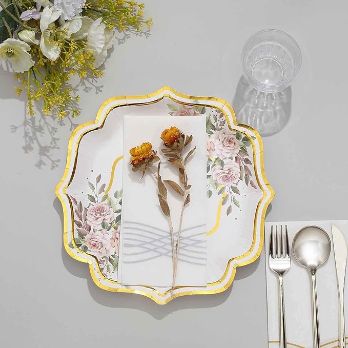 50 Pack 10" White/Gold Floral Print Scallop Rim Dinner Plates, Disposable Round Paper Party Plates 300 GSM for Festive Table Decoration