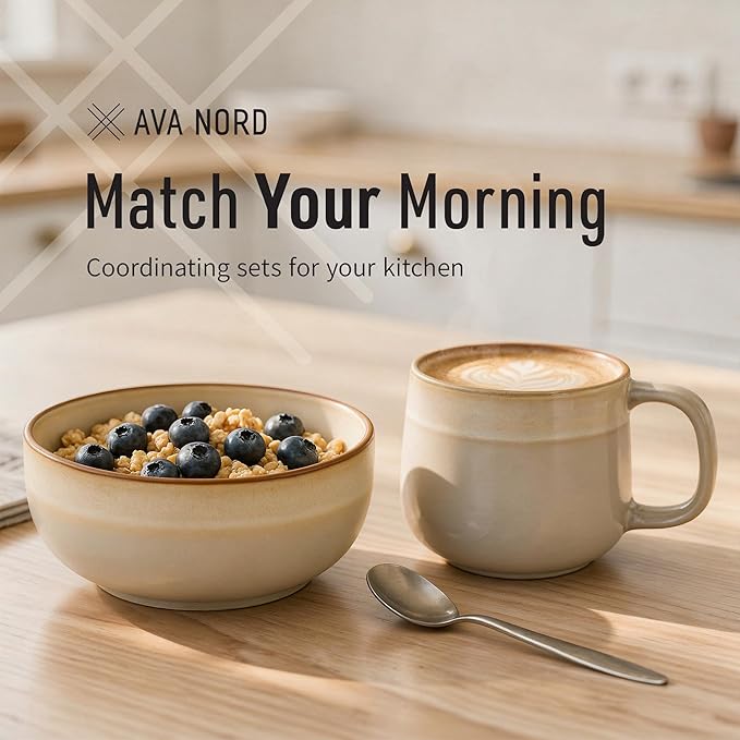 Stoneware Ceramic Cereal Bowls Set of 4, 21 oz | Lead-Free, Cadmium-Free | Microwave and Dishwasher Safe | For Soup, Salad, Rice, Dessert, Ice Cream | Nordic Design | Terracotta/Sage Ash