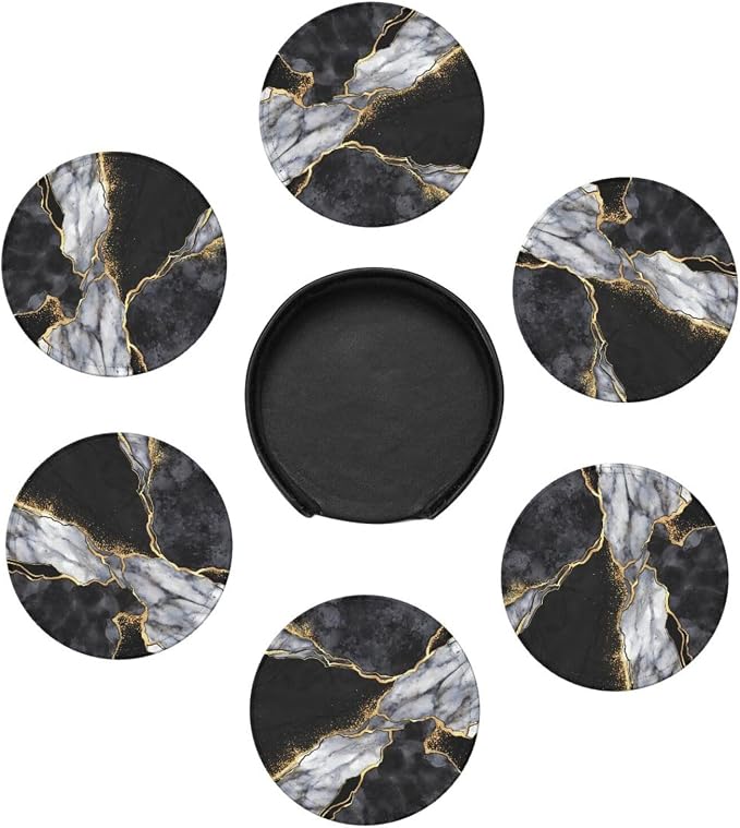 6 Pcs Black White Gray and Gold Marble Leather Coasters - Image 7