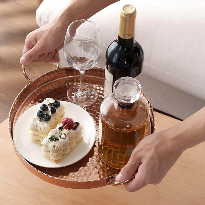 MyGift 12 Inch Copper Tone Metal Round Display Tray with Handcrafted Hammered Design, Decorative Tabletop Centerpiece Base or Serving Platter - Handmade in India