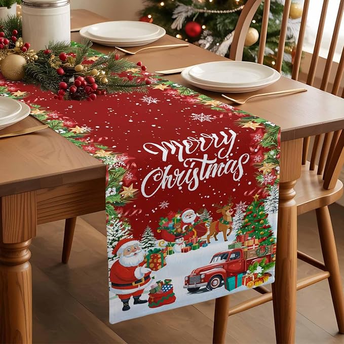Merry Christmas Table Runner 90 Inches Long, Santa Xmas Tree Snowflake Table - Image 3